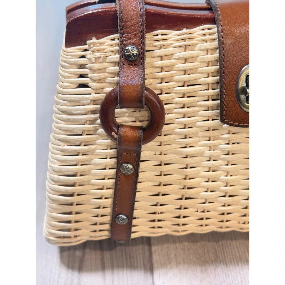 Patricia Nash Wicker Satchel Leather Trim Straw Handbag Brown Tan with Scarf